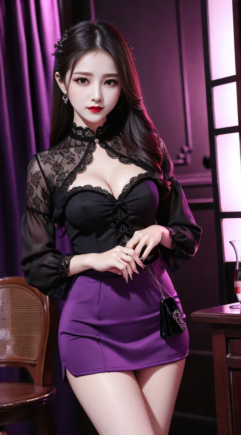 Charming beauties、校服、blouse、tight skirts、Evil Female Executive、Evil Fall、dark、brainwash、panthyhose、lacy fabric、Glossy legs、Red lipstick、Evil look、Suspicious look、Hollow eyes、darkened room、Night、wicked、drink purple liquid、seductiv