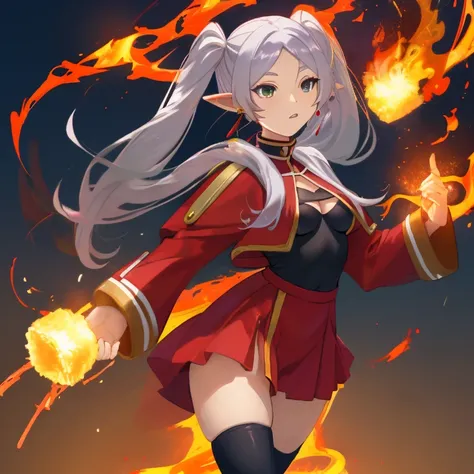 Frieren, twintails, earrings, small tits, red wizard uniform, thighs, casting fire magic