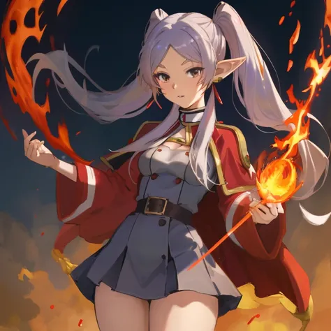 Frieren, twintails, earrings, small tits, red wizard uniform, thighs, casting fire magic