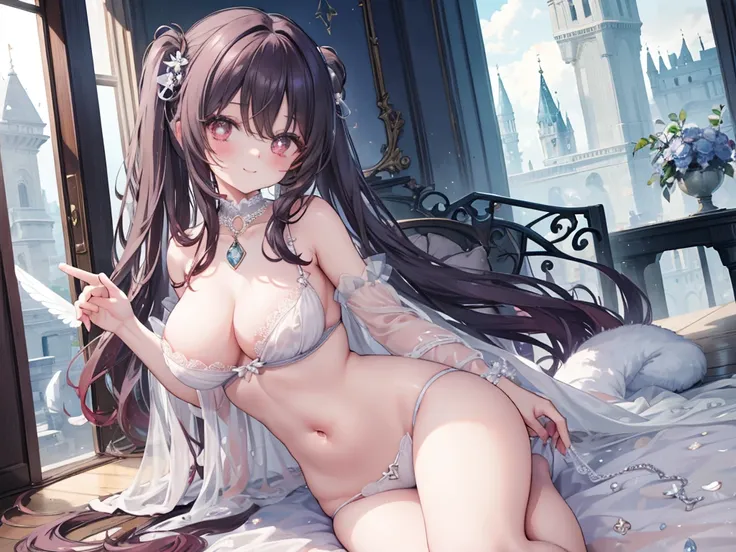 1 woman、Radiant hair、fluffy and soft hair、Sparkling eyes、爆乳、Too large breasts、Seductive breasts、Sheer underwear、Tiara of the Goddess、goddess god々Feeling、lace cape、aquamarine choker、Castle Room、Long Lace Bale、Ruffles and ribbons、A smile、The upper part of th...