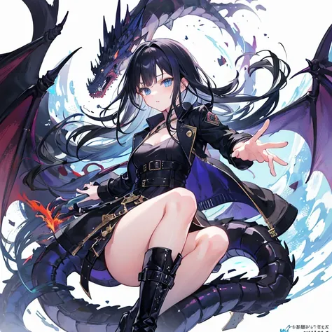 A cool girl,Long black hair and blue eyes，Black long leather trench coat，boots，Dragon Vein Awakening，World Devouring Dragon King，Top image quality