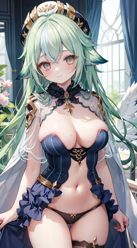 1 woman、Radiant hair、fluffy and soft hair、Sparkling eyes、爆乳、Too large breasts、Seductive breasts、Sheer underwear、Tiara of the Goddess、goddess god々Feeling、lace cape、aquamarine choker、Castle Room、Long Lace Bale、Ruffles and ribbons、A smile、The upper part of th...