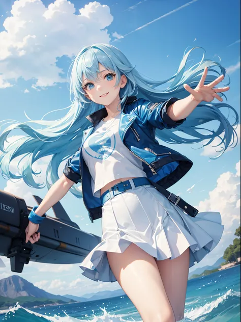 master piece,best quality, Solo woman, cute, dynamic pose, light blue leather jacket, white tight T-shirt, light blue tight skirt, shy smile, light blue hair, long hair, waving in a strong wind hair,lake, light blue sky