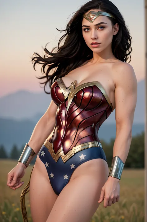 8k, best quality, real picture, intricate details, ultra-detailed, ultra highres, depth field,(photorealistic,realistic:1.2), masterpiece,photo of 1girl, wonder woman, armor, leotard, cleavage, sword, superhero, standing, powerful, realistic, blue eyes, bl...