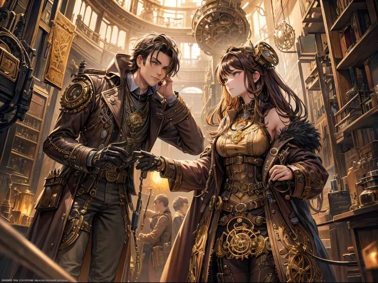 Imagine a steampunk inventor surrounded by intricate machinery and gears, with a nut-themed invention at the center. Incorporate brass tones and intricate details reminiscent of steampunk artist Datrinti.