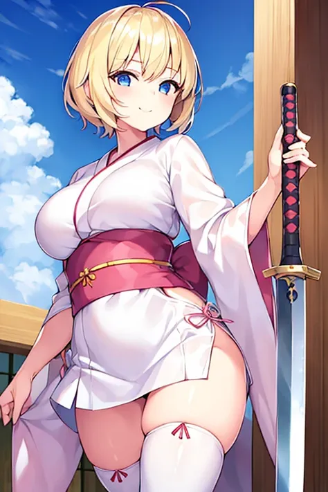 1girl, blonde hair, short hair, yukata, white yukata, pink trim, wide hips, breasts, blue eyes, smile, sword, large breasts, light smile, white thighhigjs, thighhighs, shorts, short pants