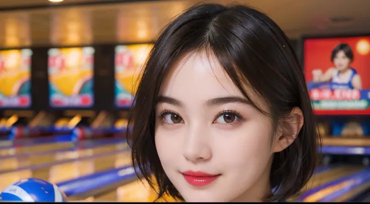 116
(a 20 yo woman,bowling), (A hyper-realistic), (high-level image quality), ((beautiful hairstyle 46)), ((short-hair)), (Gentle smile), (breasted:1.1), (lipsticks), (Bowling alley)