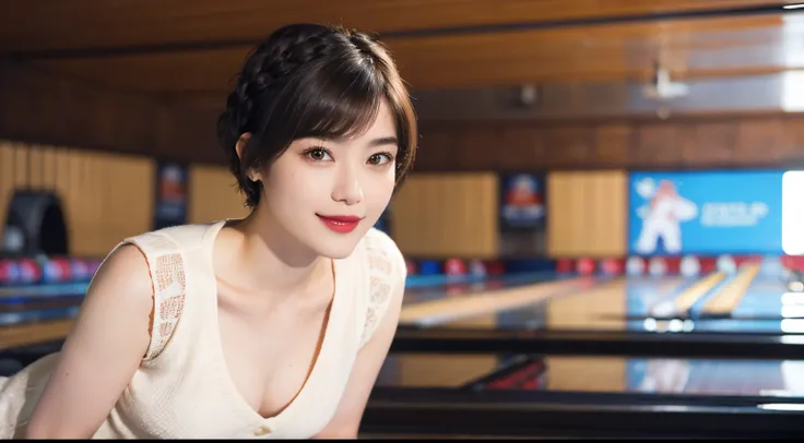 116
(a 20 yo woman,bowling), (A hyper-realistic), (high-level image quality), ((beautiful hairstyle 46)), ((short-hair)), (Gentle smile), (breasted:1.1), (lipsticks), (Bowling alley)