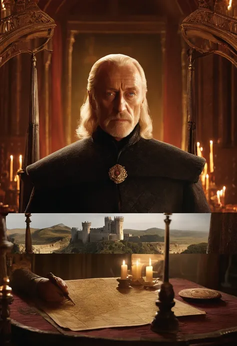 A dark, candle-lit room with a map spread out on the table, with strategic markers placed on key locations,Game of Thrones,Tywin is tall with receding blonde/grey hair, green eyes, grim expression, wears red and gold, famously portrayed by Charles Dance