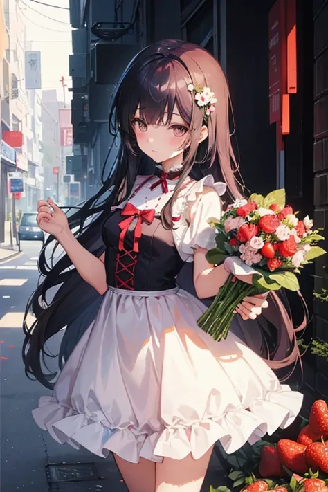 Anime girl with a teddy bear and a bouquet of strawberries, Lori, artwork in the style of guweiz, guweiz, guweiz on pixiv artstation, small loli girl, small curvy loli, guweiz masterpiece, cute detailed digital art