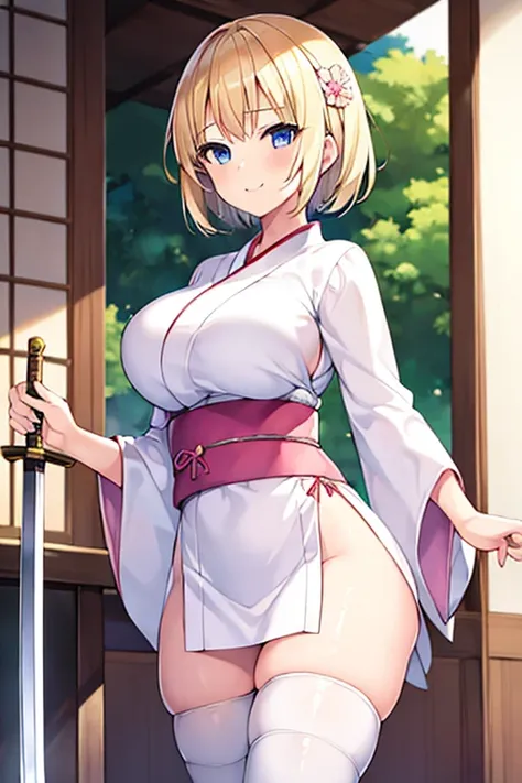 1girl, blonde hair, short hair, yukata, white yukata, pink trim, wide hips, breasts, blue eyes, smile, sword, large breasts, light smile, white thighhighs, thighhighs, pantyhose