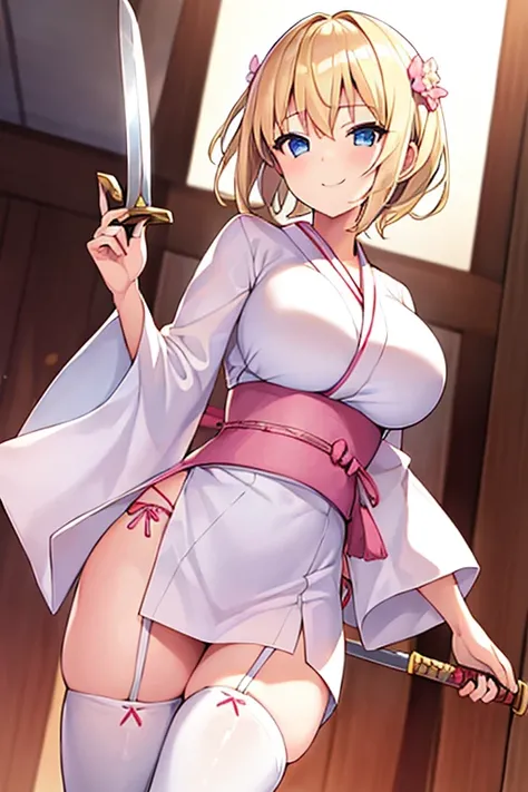 1girl, blonde hair, short hair, yukata, white yukata, pink trim, wide hips, breasts, blue eyes, smile, sword, large breasts, light smile, white thighhighs, thighhighs, pantyhose