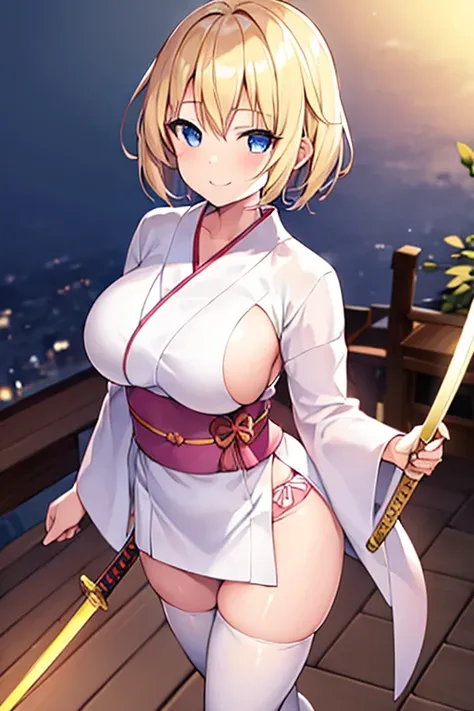 1girl, blonde hair, short hair, yukata, white yukata, pink trim, wide hips, breasts, blue eyes, smile, sword, large breasts, light smile, white thighhighs, thighhighs, pantyhose