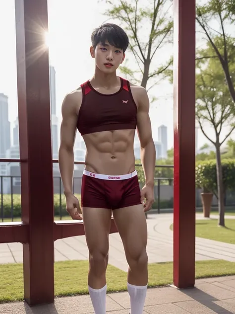 16 years old teenagers , very young , light-skin , wearing an dark red sexy underwear, tmasterpiece，k hd，the feet，Transparent sports vest，semi transparent，black long socks，The barefoot , red colour , handsome and cute , extreme cute boy , white skin , dark...