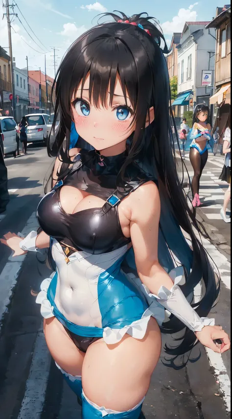 1womanl,Black hair,12year old ,((Impatient expression)),Beautiful breasts,(((Sexy magical girl white and blue high-leg bodysuit)))(())(((Blushing cheeks、Surprised look)),((())),((( portlate))),Blue eyes,(((Bangs are aligned)))()Street,Crowds(magical girl h...