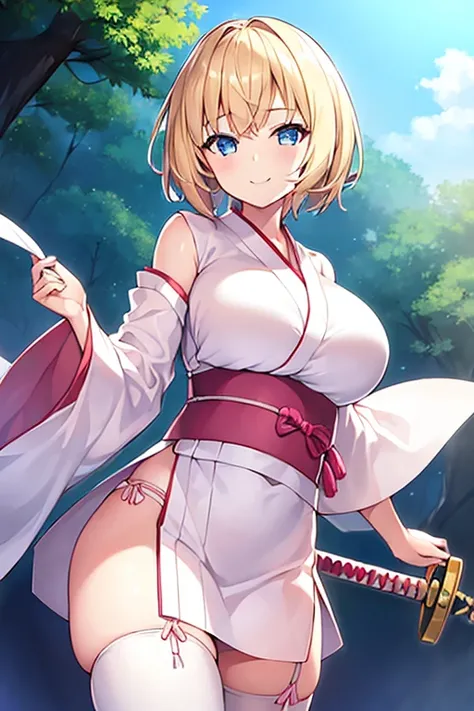 1girl, blonde hair, short hair, yukata, white yukata, pink trim, wide hips, breasts, blue eyes, smile, sword, large breasts, light smile, white thighhighs, thighhighs, adult, woman, long yukata