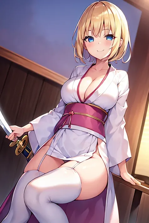 1girl, blonde hair, short hair, yukata, white yukata, pink trim, wide hips, breasts, blue eyes, smile, sword, large breasts, light smile, white thighhighs, thighhighs, adult, woman, long yukata