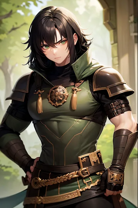 Black hair, green eyes, dnd male halfling, serious facial expression, rogue, light armor, full body portrait, wearing monocle, holding polearm, flat chest, defined muscle