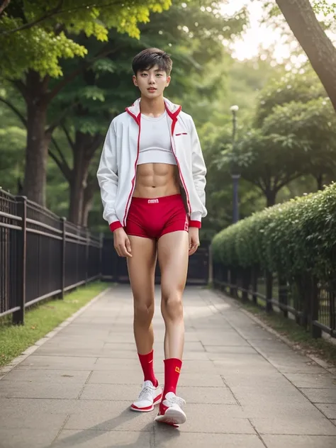 16 years old teenagers , very young , light-skin , wearing an dark red sexy underwear, tmasterpiece，k hd，the feet，Transparent sports vest，semi transparent，black long socks，The barefoot , red colour , handsome and cute , extreme cute boy , white skin , dark...