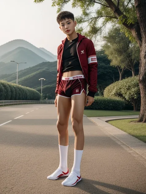 16 years old teenagers , very young , light-skin , wearing an dark red sexy underwear, tmasterpiece，k hd，the feet，Transparent sports vest，semi transparent，black long socks，The barefoot , red colour , handsome and cute , extreme cute boy , white skin , dark...