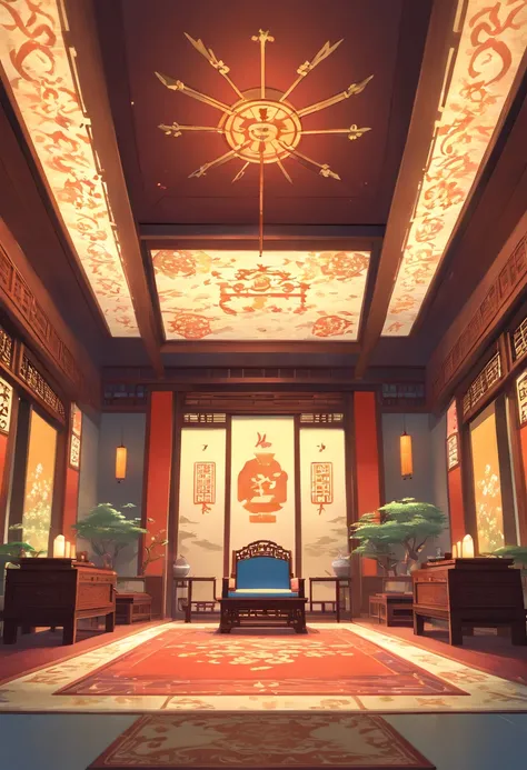 ((Wide angle view of the entire room)),((emperor&#39;s chair)) ((throne with canopy))jpn, ((Ming dynasty)), Beautiful furniture made by the best craftsmen, cabinet, Chandeliers, silk carpet, Silk curtains with royal pattern, 2 or 3 bonsai, royal room, Chan...