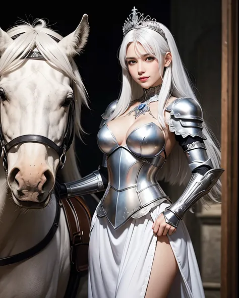 Female , slim smile , white hair , Large breasts，Silver armor panty，tiara crown，wear sword, dramatics , ride a horse , turn back , show her butt