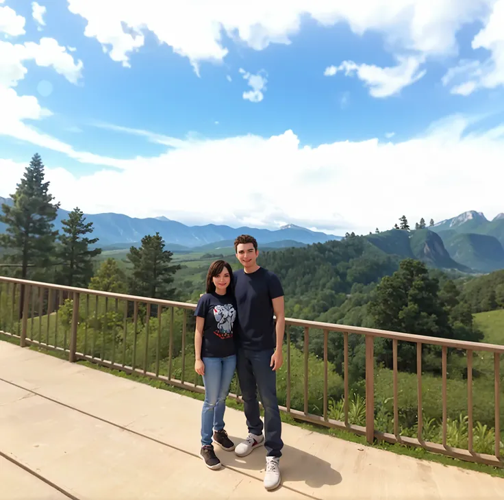 there are two people standing on a balcony overlooking a valley, with mountains in the background