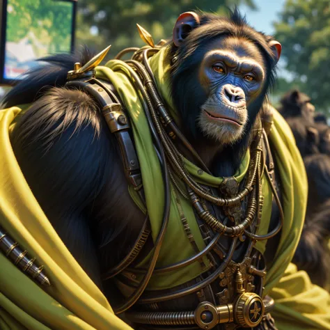 a chimpanzee standing, vestido com robustos adornos africanos, predominantemente amarelo com detalhe verde, Showing the arms. Detail his physical features and highlight the intricate and ingenious details of the steampunk armor he wears, em uma pose legal,...