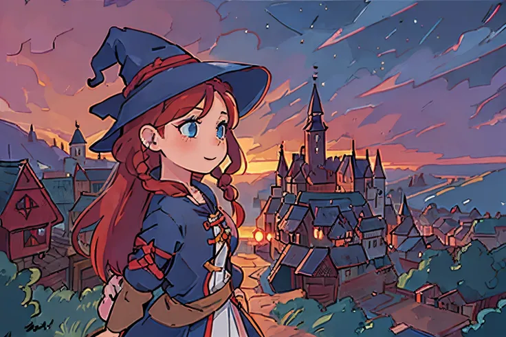 cartoon girl with witch costume, braided red hair and blue eyes, happy witch,profile,sideview, framed, cute wholesome, sunset background, beautiful scenery, medieval town, witch hat