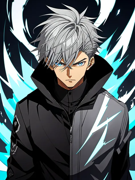 Short silver-gray hair、dressed in a black jacket，Blue flame background,male anime characters