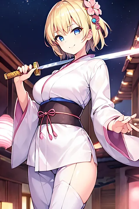 1girl, blonde hair, short hair, yukata, white yukata, pink trim, wide hips, breasts, blue eyes, smile, sword, large breasts, light smile, black pants, pants, adult, woman, long yukata