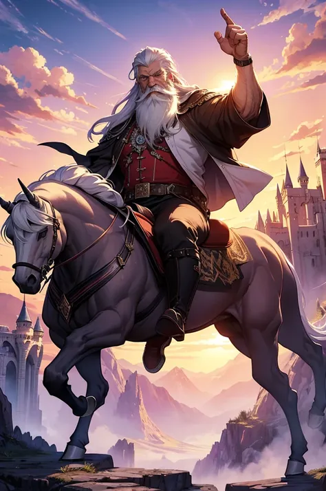 masterpiece, highest quality, badass wizard, extremely muscular, old man, long beard, white hair, riding a majestic purple unicorn, fantasy, castle, sunset, beautiful sky, beautiful landscape