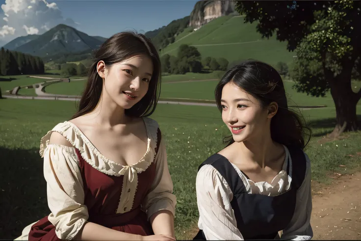 Poussin-style landscape,A smile,,Sweet and seductive appearance.、Caravaggios paintings、Chiaroscuro of Caravaggio、Hair disheveled in the wind,Two women frolicking,Cute smile, Expression of ecstasy