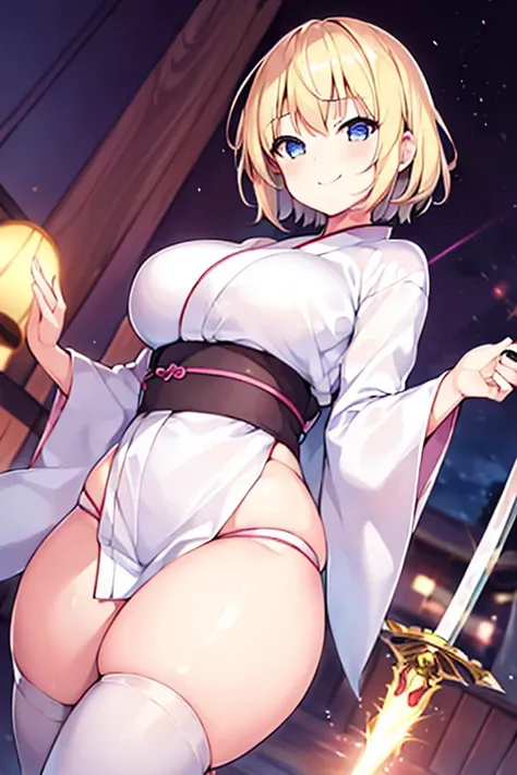 1girl, blonde hair, short hair, yukata, white yukata, pink trim, thick thighs, breasts, blue eyes, smile, sword, large breasts, light smile, black pants, pants, adult, woman, long yukata