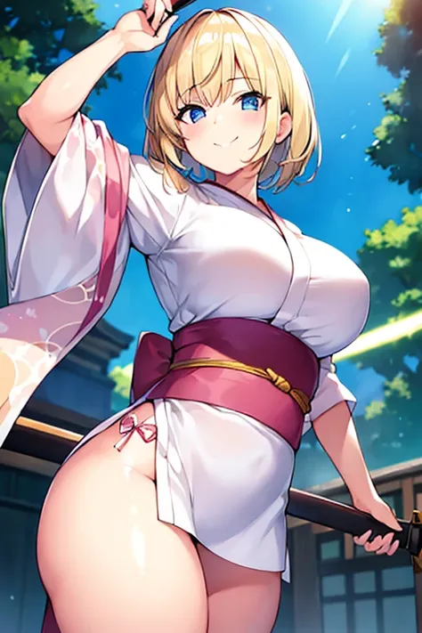 1girl, blonde hair, short hair, yukata, white yukata, pink trim, thick thighs, breasts, blue eyes, smile, sword, large breasts, light smile, black pants, pants, adult, woman, long yukata