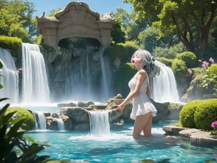 (​masterpiece), realistic, cinematic light,10-year-old girls are frolicking under the fountain, full body, from below and side, beautiful eyes, silver hair, perfect anatomy, very cute, (blue eyes), bio luminescent, 8 class large, 8K, human hands, character...