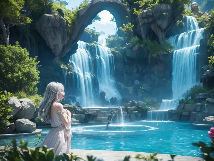 (​masterpiece), realistic, cinematic light,10-year-old girls are frolicking under the fountain, full body, from below and side, beautiful eyes, silver hair, perfect anatomy, very cute, (blue eyes), bio luminescent, 8 class large, 8K, human hands, character...