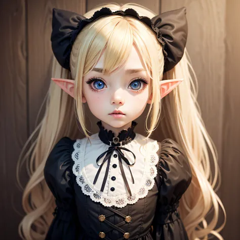 solo front portrait　Idade８old and small breasted lolita　kawaii girl　big eye　pointed elf ears　long blonde hair　１0０centimeter short stature　Gothic Lolita Clothing