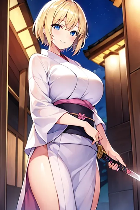 1girl, blonde hair, short hair, yukata, white yukata, pink trim, breasts, blue eyes, smile, sword, large breasts, light smile, black pants, pants, adult, woman, long yukata