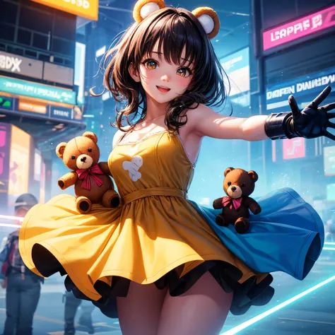 cyber punk style，laser，The city of the future，A group of happy teddy bears，Extremely cute furry artist Teddy Bear baby wearing a dress and having fun，Dont be characterized，Gorgeous dreamy imaginative background，Ultra HD large image，artist style，Rich and pr...