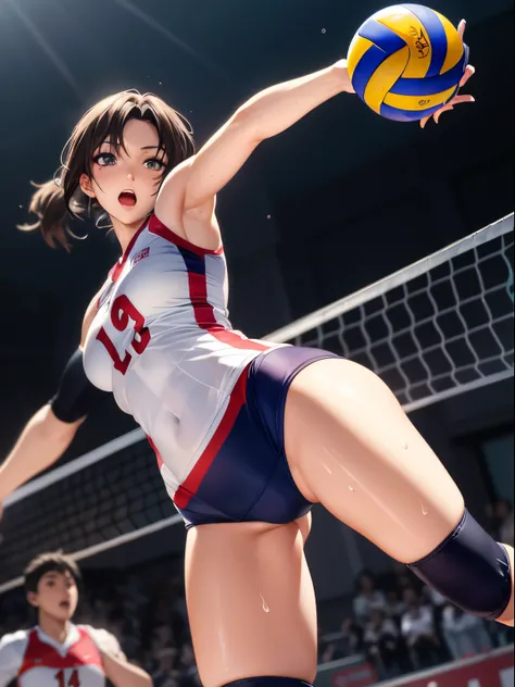 Best Quality, masutepiece,  High resolution, (Anime Heroine Illustration), Anime Paint, 1beautiful girl ,Dynamic Angle,Female volleyball players,small head,Large breasts,nice legs, Glowing skin, Sweat,At the volleyball venue ,Pretty