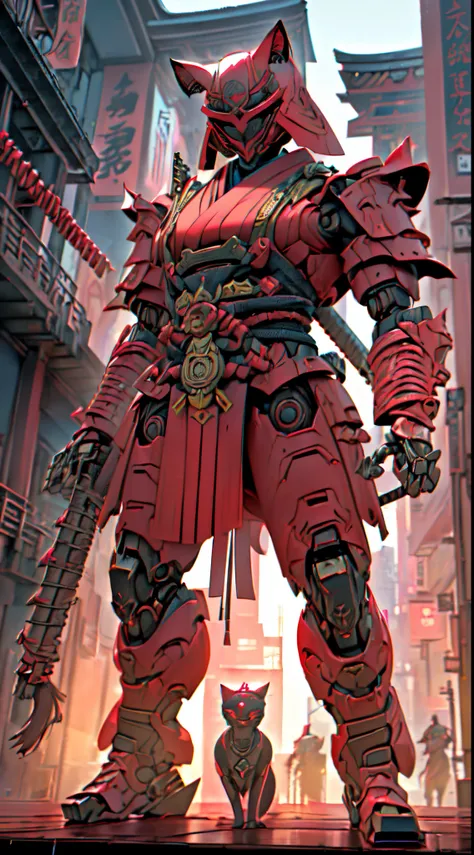 Solo character design Guro:1.4 gato_guerrero_samurai,  animal_mecha (((gato_robotic_ciborgsizado_samurais:1.3)))  gato_Ciberespacio_samurais , traje de samurai roto , robotic samurai suit red color human form,samurais_ciborg_gato:1.3)) ((hiper realista hip...