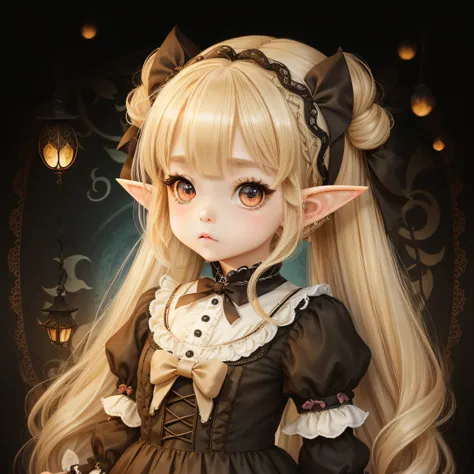 独奏　Idade８old and small breasted lolita　kawaii girl　big eye　pointed elf ears　long blonde hair　１0０centimeter short stature　Gothic Lolita Clothing　Frontal painting