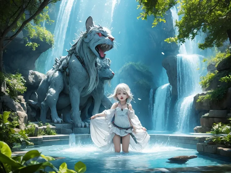 (​masterpiece), realistic, cinematic light,10-year-old, 3 girls are frolicking under the fountain, full body, from below and side, beautiful eyes, silver hair, perfect anatomy, very cute, (blue eyes), bio luminescent, 8 class large, 8K, human hands, charac...