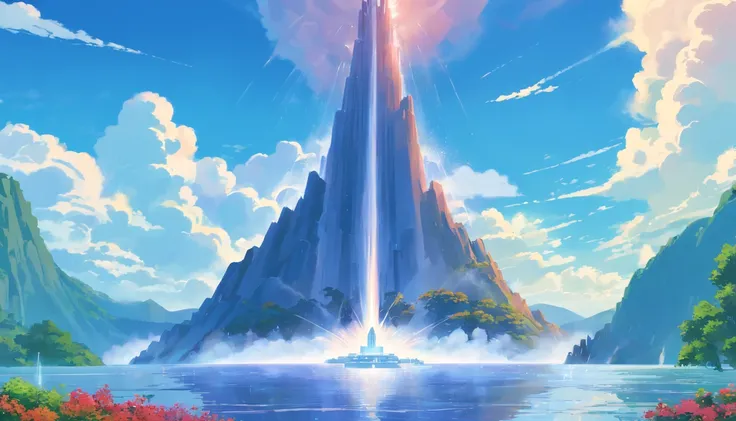 (masterpiece, best quality), a massive water fountain in the middle of a volcanic lake, fantastic architcture, epic, legendary, sky, clouds