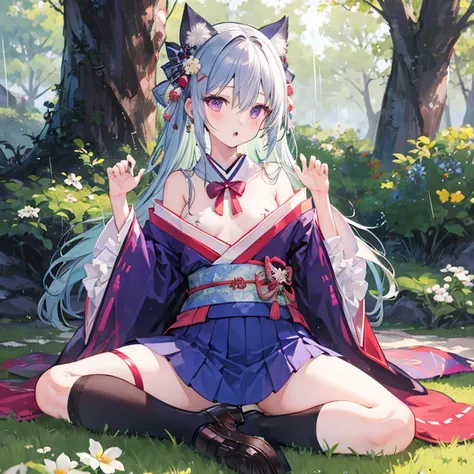 Top image quality，  1girl, solo, long_hair, looking_at_viewer, blush, bangs, skirt, hair_ornament, long_sleeves, bow, hair_between_eyes, bare_shoulders, sitting, very_long_hair, purple_eyes, flower, hair_bow, pleated_skirt, frills, parted_lips, outdoors, j...