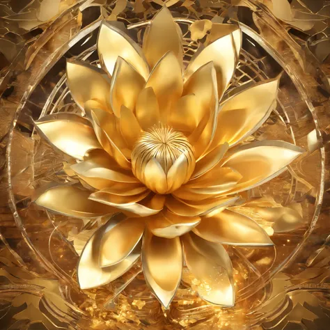 A golden water lily, lotus petals, radiating golden light, Lotus, with lotus flowers, glowing golden aura, a golden halo, soft golden light, glowing delicate flower, lotuses, gold ethereal light, gold flowers, sitting on a lotus flower, gilded lotus prince...