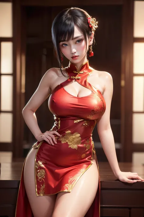 ((Best Quality, 8K, masutepiece: 1.3)), 1girl in, Shiny skin,((Bare shoulders, qipao dress, chinese clothes, Short dress, side boob cutout, Just a side boob, thighs thighs thighs thighs , Decorative clothing)) ,highly intricate detail, highly intricate det...