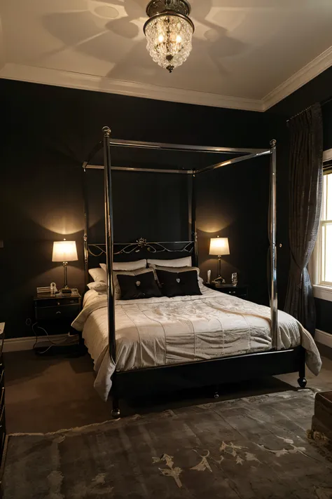 black bedroom, four poster bed, mercury glass lamps, plush carpet