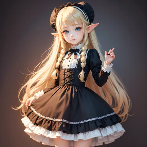 Solo full body front portrait　Idade８old and small breasted lolita　kawaii girl　A slight smil　big eye　pointed elf ears　long blonde hair　１0０centimeter short stature　Gothic Lolita Clothing